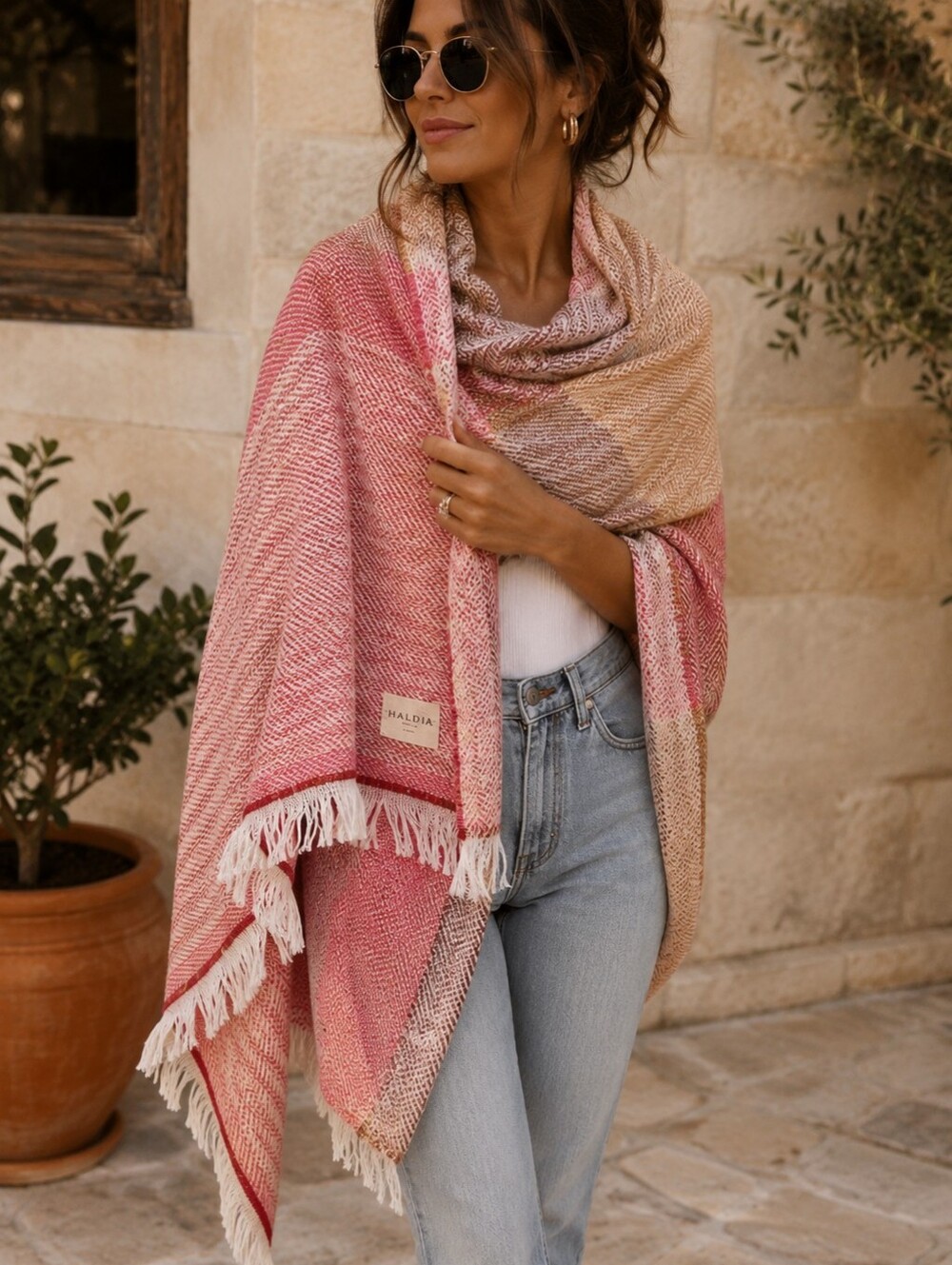 DE LA MUR LINE Red Gold White Chevron Fringe Oversized Wrap Scarf